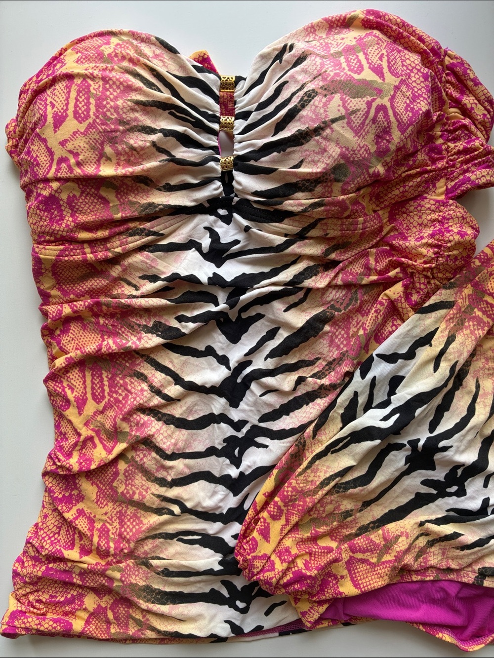 Carmen Marc Valvo Pink, Black & Cream Animal-Print Strapless Swimsuit (2 pieces)